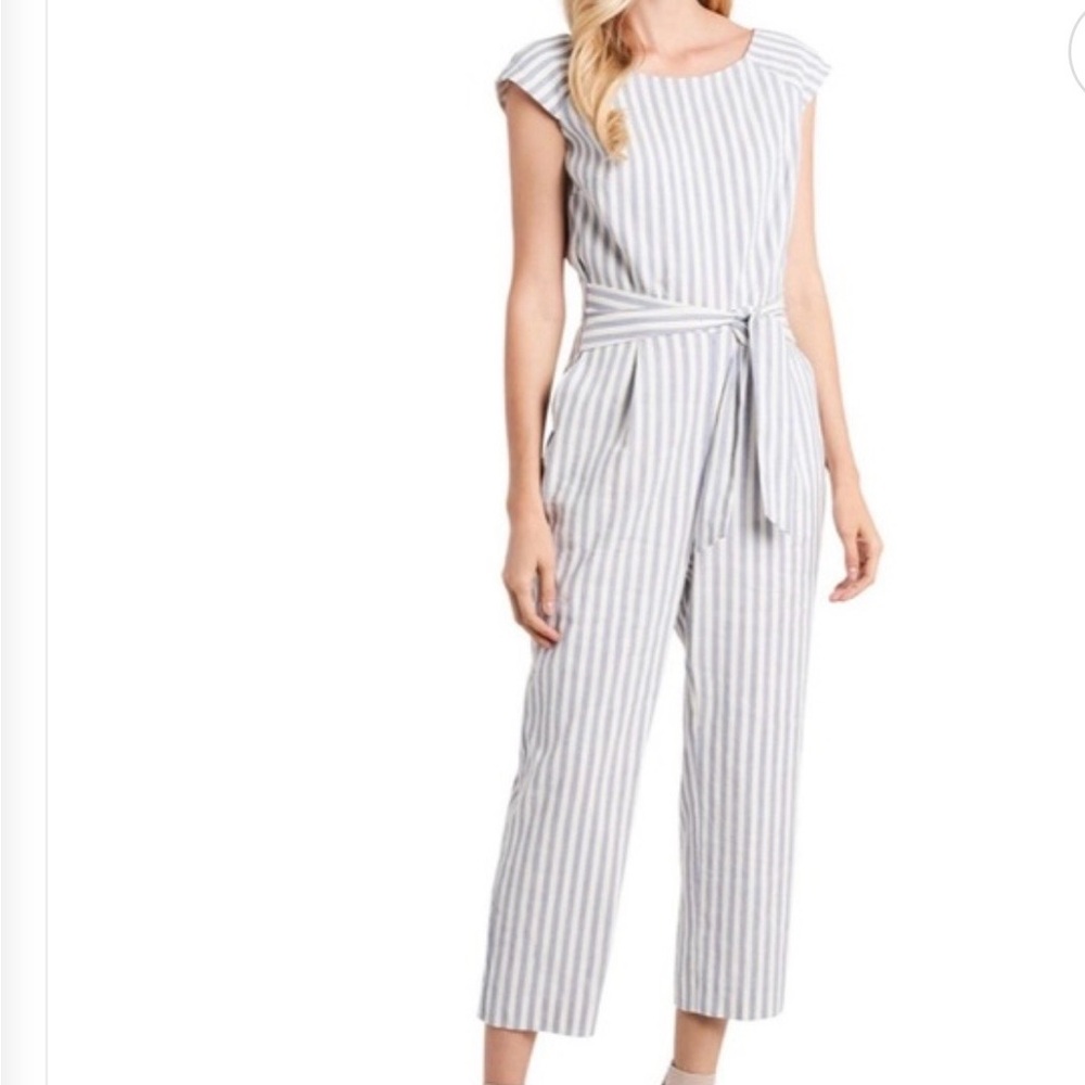 Vince Camuto Linen Blend Cap Sleeve Blue White Striped Jumper Belted Lined Sz 8